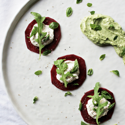 Raw beetroot ravioli with avocado pesto